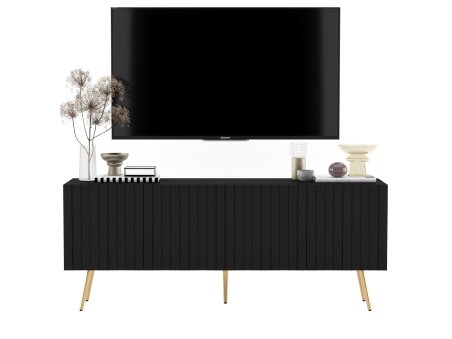 Szafka RTV Loft Nowoczesna Komoda RTV Czarny MAT 150 cm Industrialna Nogi Złote Metalowe Ryflowane fronty1