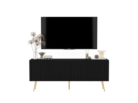 Szafka RTV Loft Nowoczesna Komoda RTV Czarny MAT 150 cm Industrialna Nogi Złote Metalowe Ryflowane fronty2