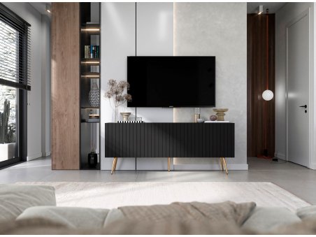 Szafka RTV Loft Nowoczesna Komoda RTV Czarny MAT 150 cm Industrialna Nogi Złote Metalowe Ryflowane fronty3