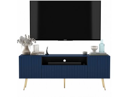 Nowoczesna Komoda RTV Glamour Szafka RTV Granatowy Mat Nogi Złote Metalowe 150 cm Ryflowana1
