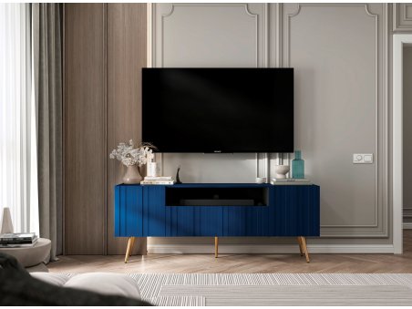 Nowoczesna Komoda RTV Glamour Szafka RTV Granatowy Mat Nogi Złote Metalowe 150 cm Ryflowana3