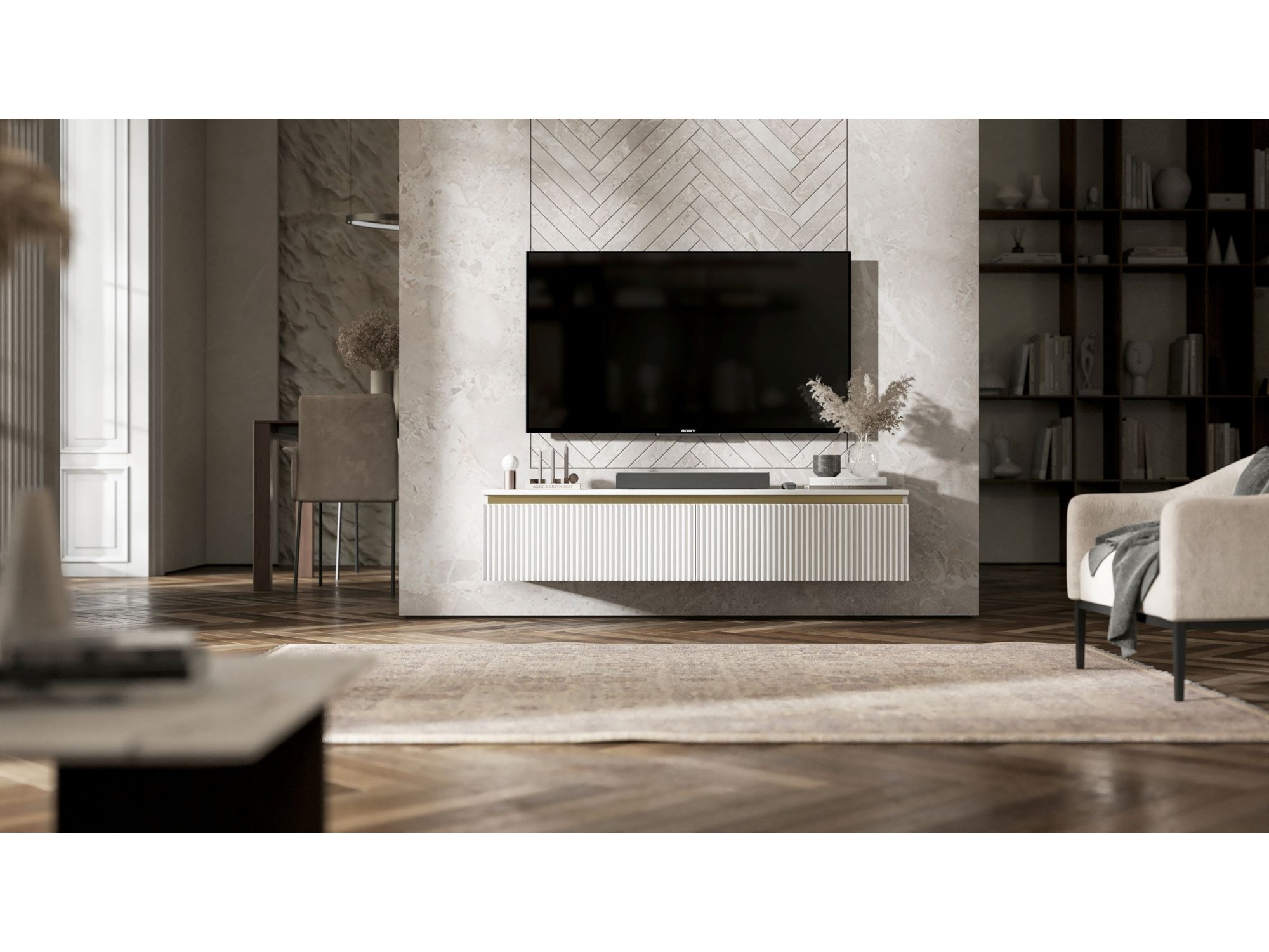 Wisząca szafka RTV SELENE Glamour Biały Mat 140 cm