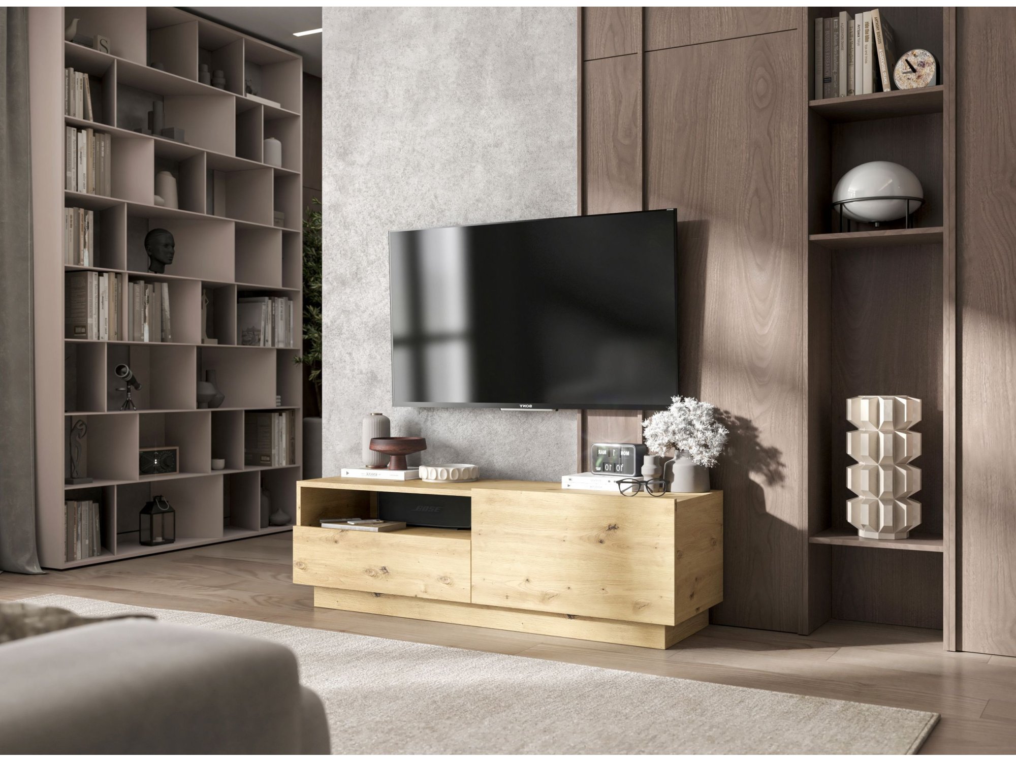 Szafka RTV ENJOY z szufladą stojąca/wisząca - 120 cm - dąb artisan