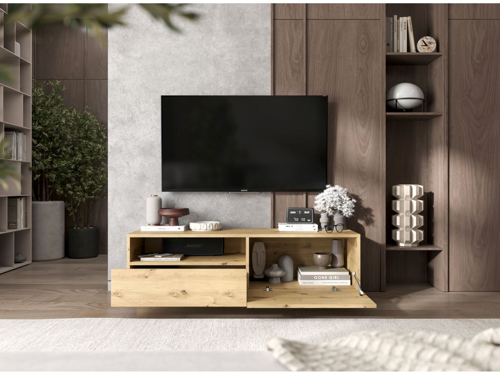 Szafka RTV ENJOY z szufladą stojąca/wisząca - 120 cm - dąb artisan