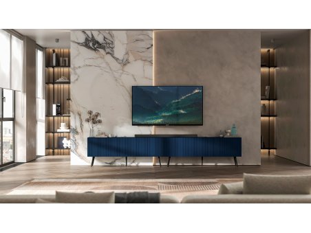 Szafka RTV Nowoczesna Komoda RTV Granatowy MAT 300 cm Loft Nogi Czarne Metalowe Ryflowane fronty Glamour2