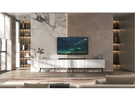 Szafka RTV Biały Mat Glamour Komoda RTV Loft Nowoczesna Czarne Nogi metalowe 300 cm2