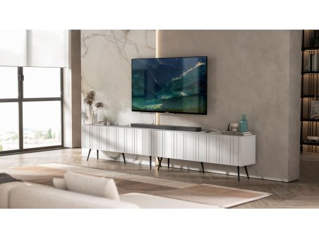 Szafka RTV Biały Mat Glamour Komoda RTV Loft Nowoczesna Czarne Nogi metalowe 300 cm3