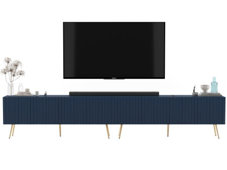 Glamour zestaw RTV Szafka RTV Granatowy Mat Ryflowane fronty Nowoczesna 300 cm Metalowe nogi złote1