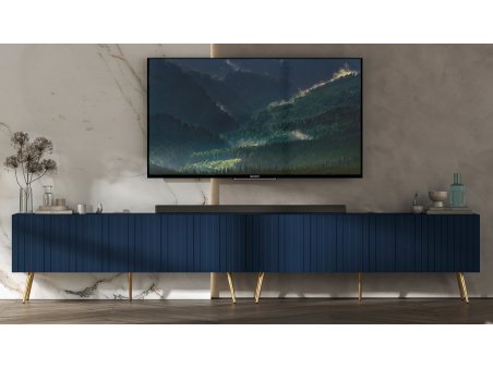 Glamour zestaw RTV Szafka RTV Granatowy Mat Ryflowane fronty Nowoczesna 300 cm Metalowe nogi złote