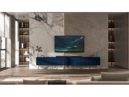 Glamour zestaw RTV Szafka RTV Granatowy Mat Ryflowane fronty Nowoczesna 300 cm Metalowe nogi złote2