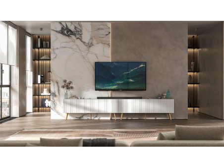 Komoda RTV Glamour Szafka RTV Elpis Biały Mat Loft zestaw 300 cm Metalowe nogi złote2