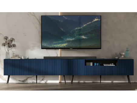 Nowoczesna Komoda RTV zestaw 300 cm Szafka RTV Glamour Ryflowane fronty Granatowy Mat Metalowe nogi
