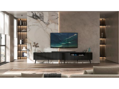 Szafka RTV Loft Nowoczesna Komoda RTV Czarny Mat 300 cm Industrialna Ryflowane fronty Nogi czarne Loft2