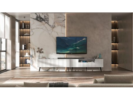 Nowoczesny zestaw RTV Szafka RTV Glamour Biały mat 300 cm Ryflowane fronty Nogi Czarne metalowe Loft2