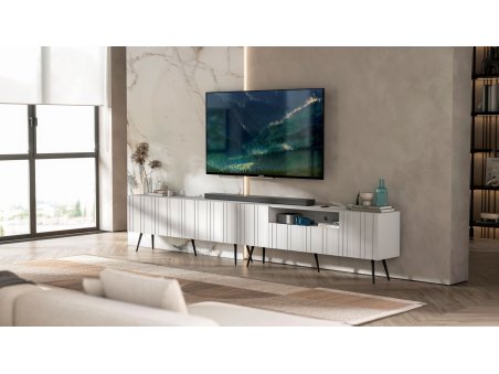 Nowoczesny zestaw RTV Szafka RTV Glamour Biały mat 300 cm Ryflowane fronty Nogi Czarne metalowe Loft3