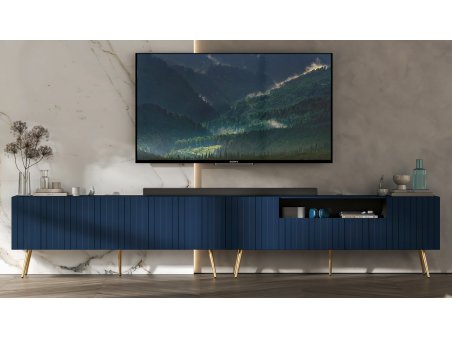 Komoda RTV Nowoczesna Szafka RTV Granatowy MAT 300 cm Metalowe nogi Złote Glamour
