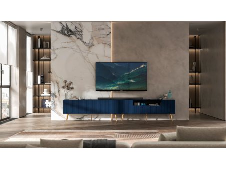 Komoda RTV Nowoczesna Szafka RTV Granatowy MAT 300 cm Metalowe nogi Złote Glamour2