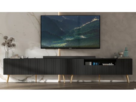 Komoda RTV Glamour Szafka RTV Elpis Czarny Mat Loft zestaw 300 cm Metalowe nogi złote