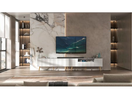 Komoda RTV Loft Szafka RTV zestaw 300 cm Biały MAT Nowoczesna Złote Nogi Metalowe Glamour2