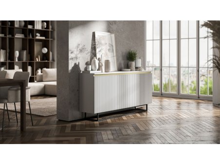 Komoda SELENE RTV Glamour trzydrzwiowa biały mat ryflowane fronty