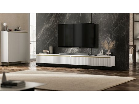 Wisząca szafka RTV Glamour SELENE- 280 cm - biały mat ryflowane fronty