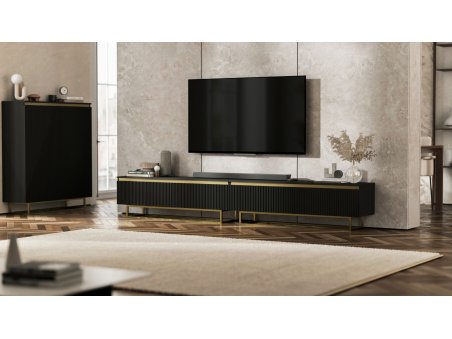 Szafka RTV Glamour SELENE- 280 cm - czarny mat ryflowane fronty