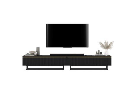 Szafka RTV Glamour SELENE- 280 cm - czarny mat ryflowane fronty czarny stelaż2