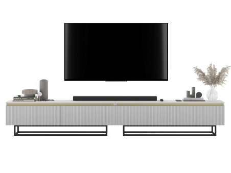 Szafka RTV Glamour SELENE- 280 cm - biały mat ryflowane fronty czarny stelaż1