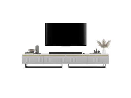 Szafka RTV Glamour SELENE- 280 cm - biały mat ryflowane fronty czarny stelaż2