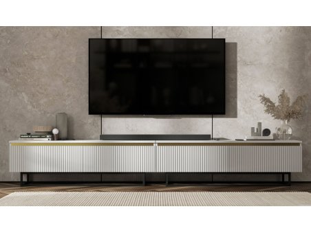 Szafka RTV Glamour SELENE- 280 cm - biały mat ryflowane fronty czarny stelaż3