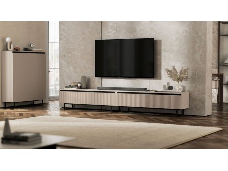 Szafka RTV Glamour SELENE- 280 cm - kaszmir mat ryflowane fronty czarny stelaż