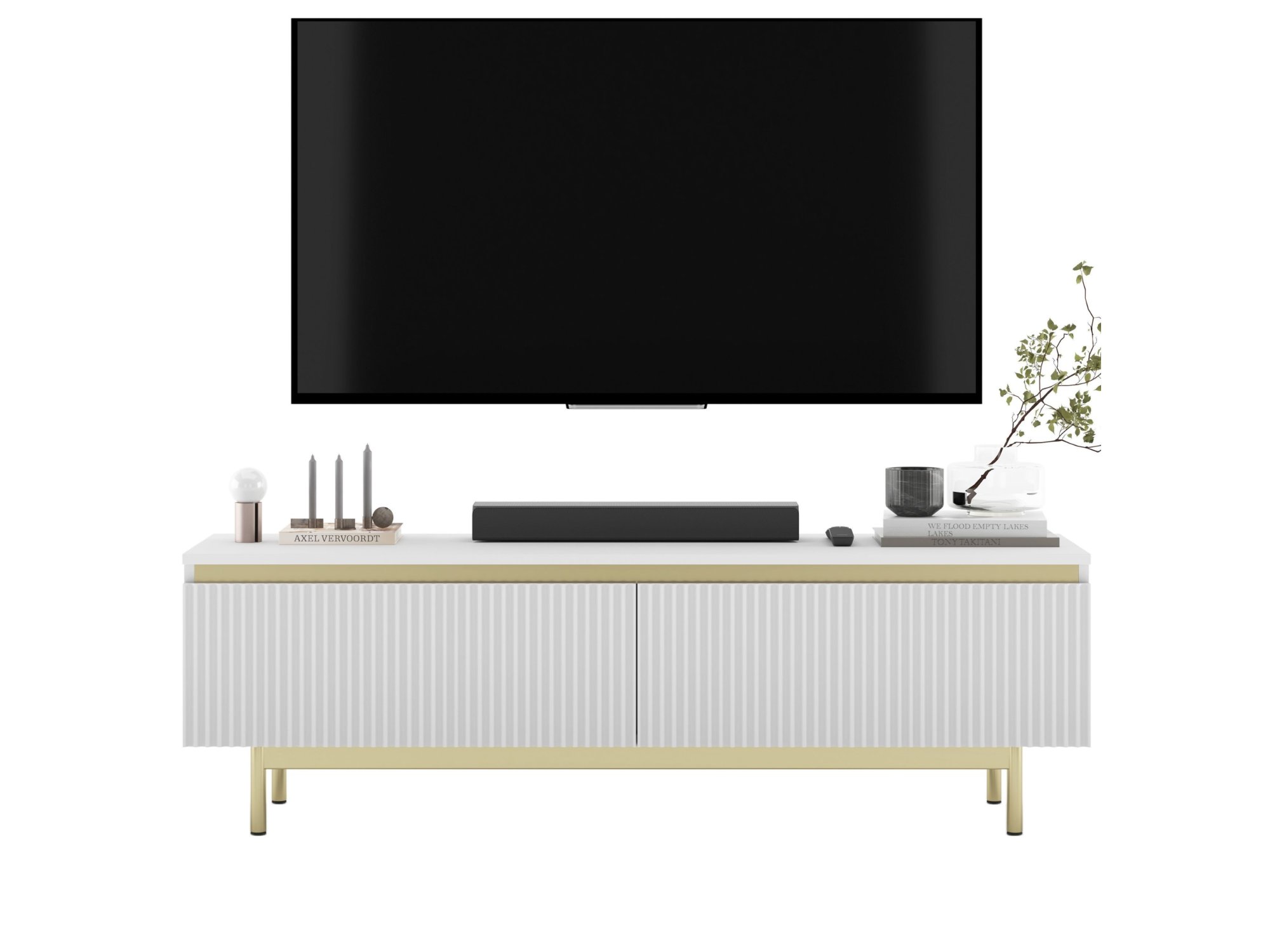 Szafka RTV SELENE Glamour Biały Mat rama w kolorze złotym 140 cm