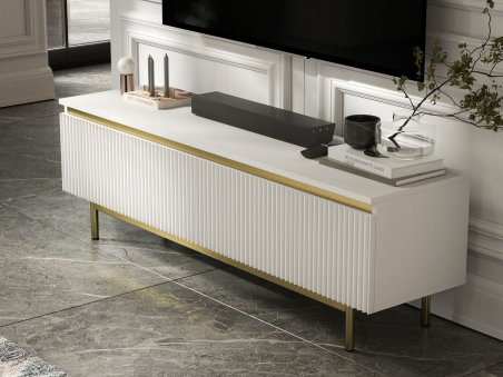 Szafka RTV SELENE Glamour Biały Mat rama w kolorze złotym 140 cm