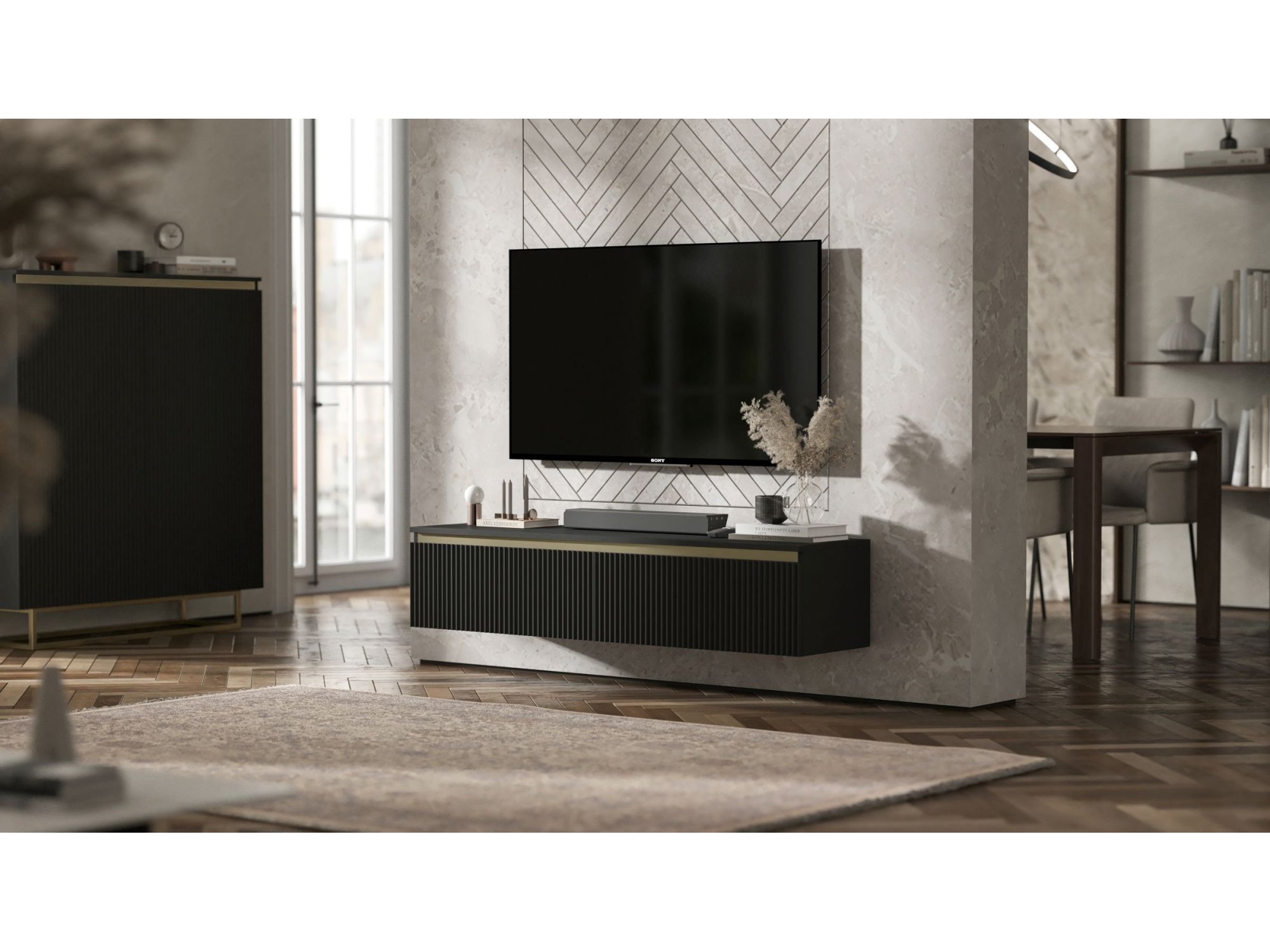 Wisząca szafka RTV Glamour SELENE Czarny Mat 140 cm