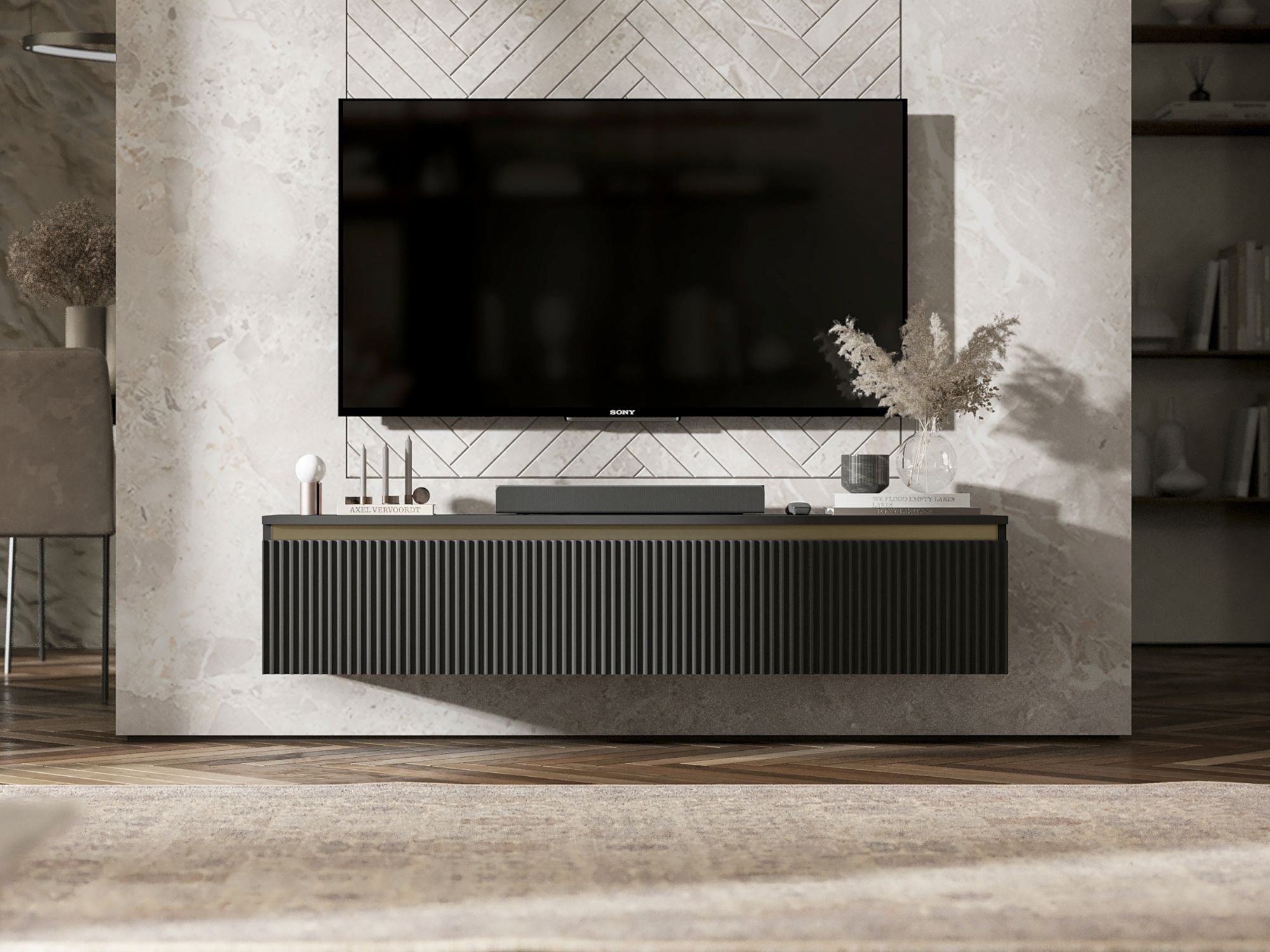 Wisząca szafka RTV Glamour SELENE Czarny Mat 140 cm