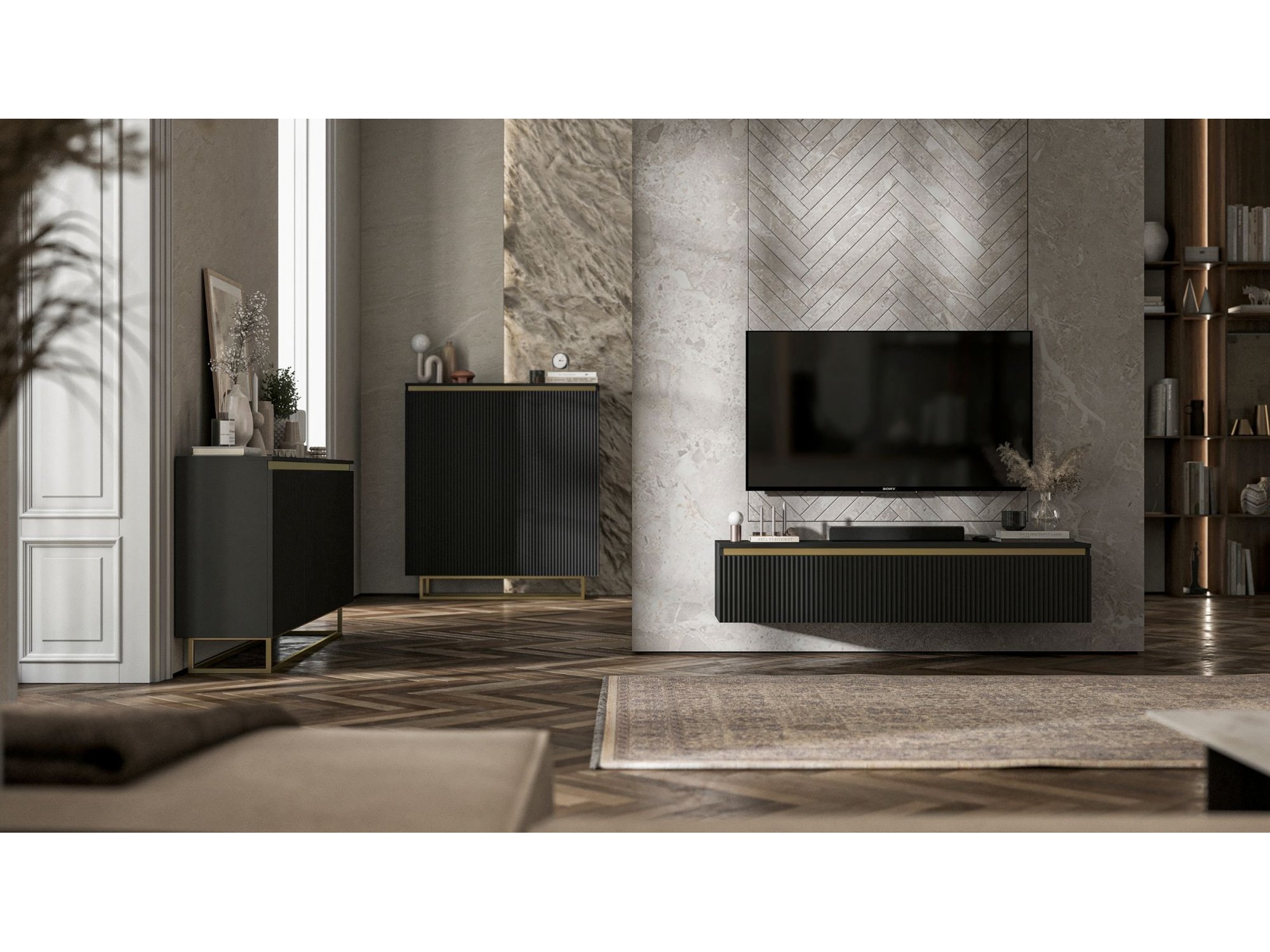 Wisząca szafka RTV Glamour SELENE Czarny Mat 140 cm