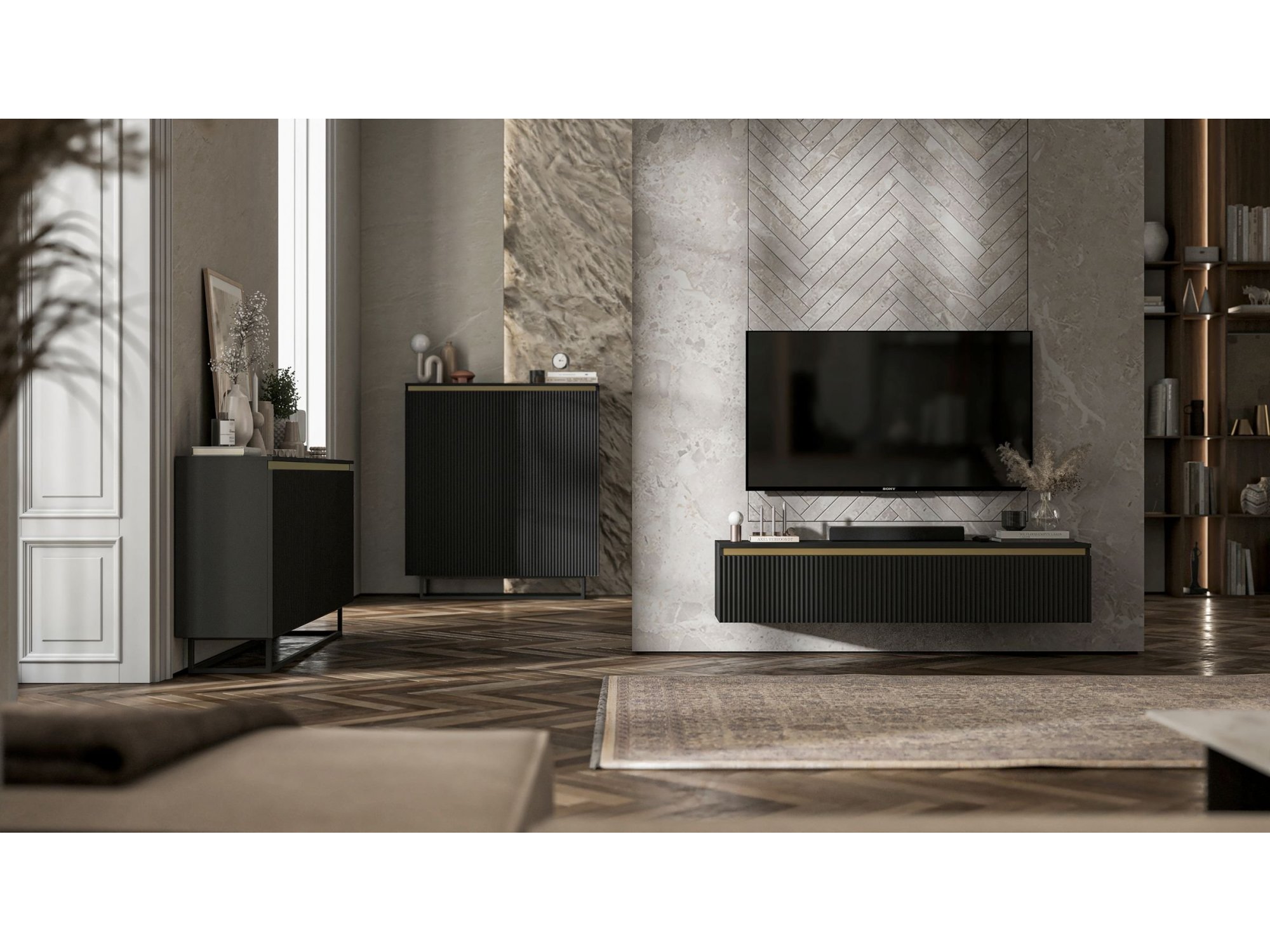 Wisząca szafka RTV Glamour SELENE Czarny Mat 140 cm