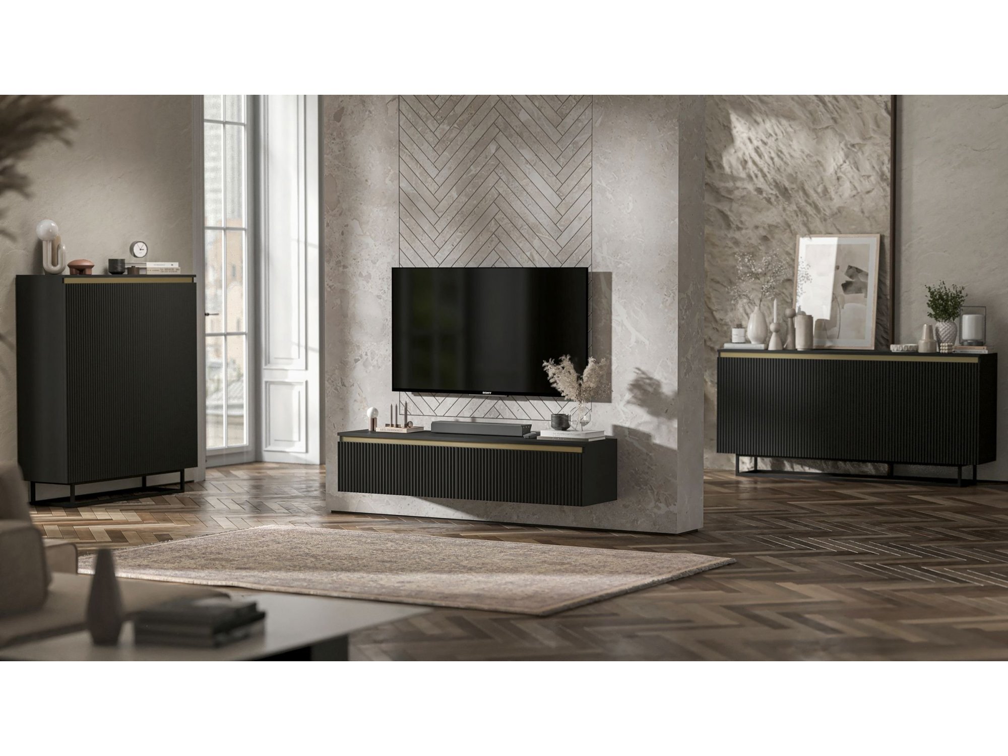 Wisząca szafka RTV Glamour SELENE Czarny Mat 140 cm