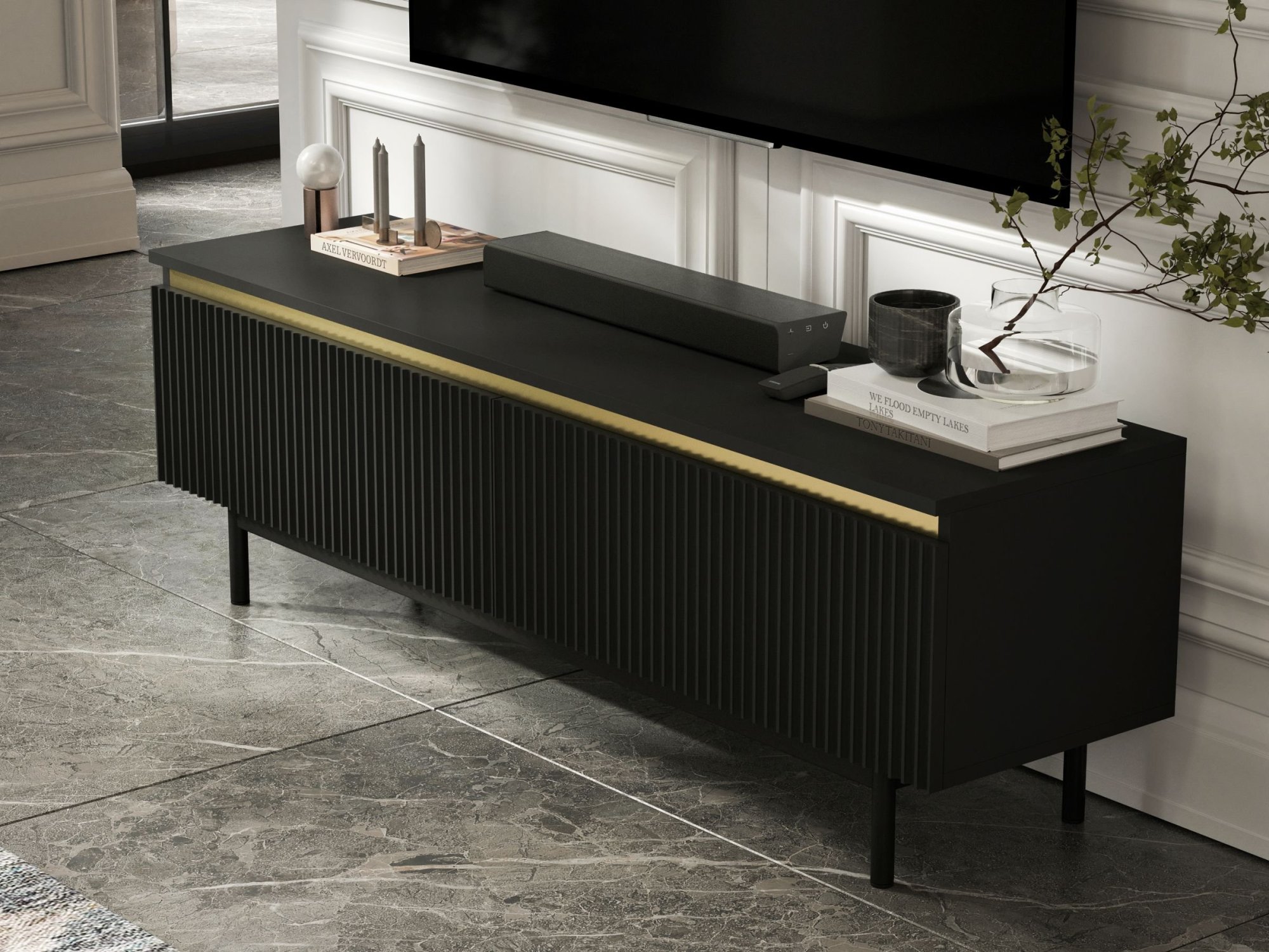 Stojąca szafka RTV Glamour SELENE Czarny Mat 140 cm na czarnej ramie