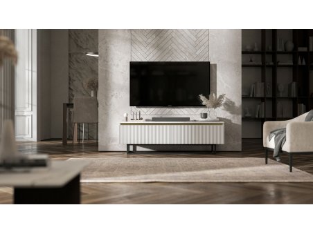 Stojąca szafka RTV Glamour SELENE Biały Mat 140 cm na czarnej ramie2