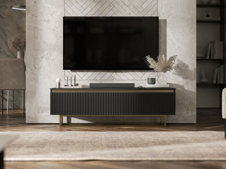 Stojąca szafka RTV Glamour SELENE Czarny Mat 140 cm na złotej ramie1