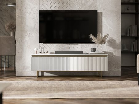 Stojąca szafka RTV SELENE Biały Mat 140 cm na złotej ramie1