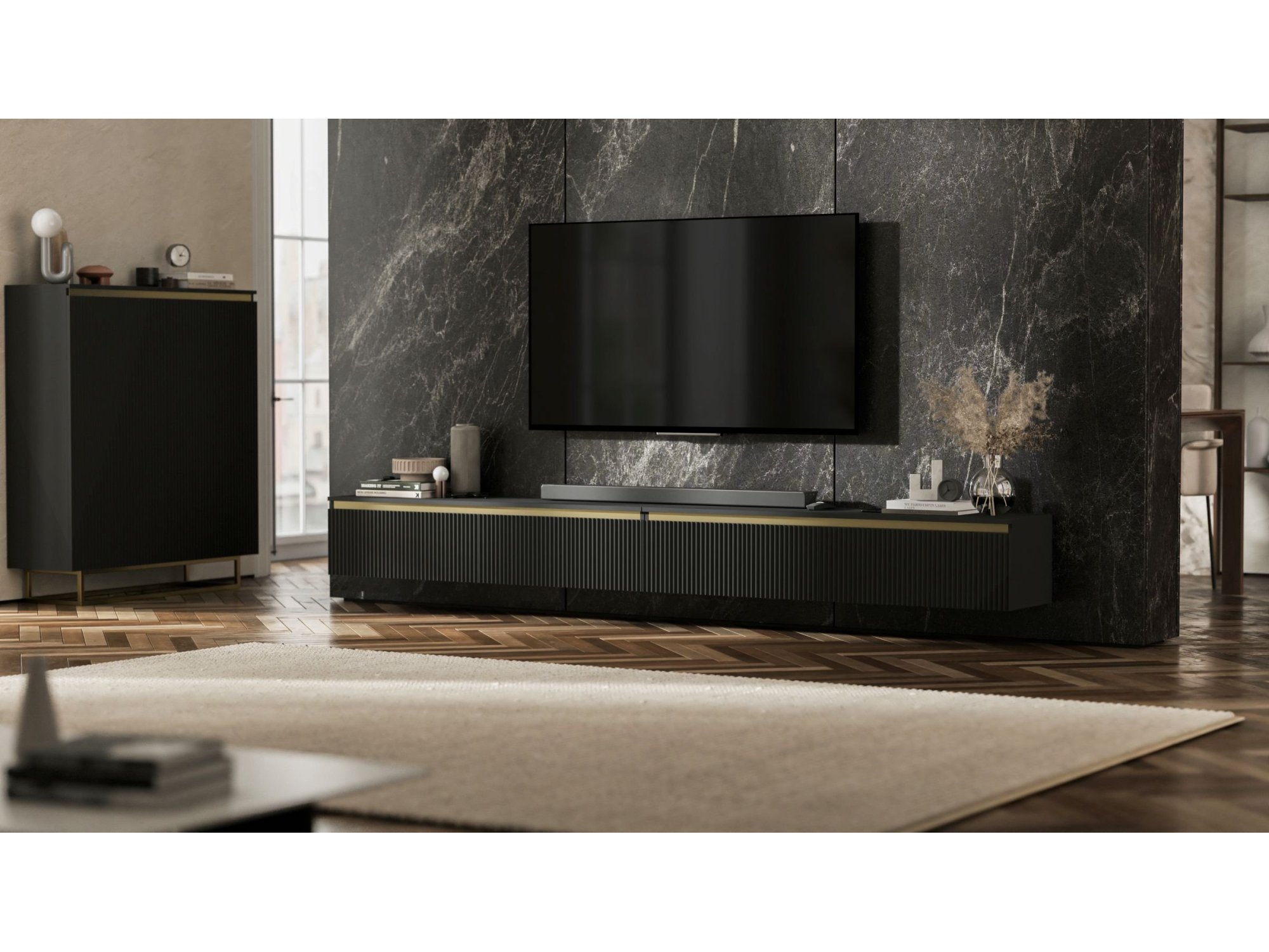 Wisząca szafka RTV Glamour SELENE Czarny Mat 280 cm