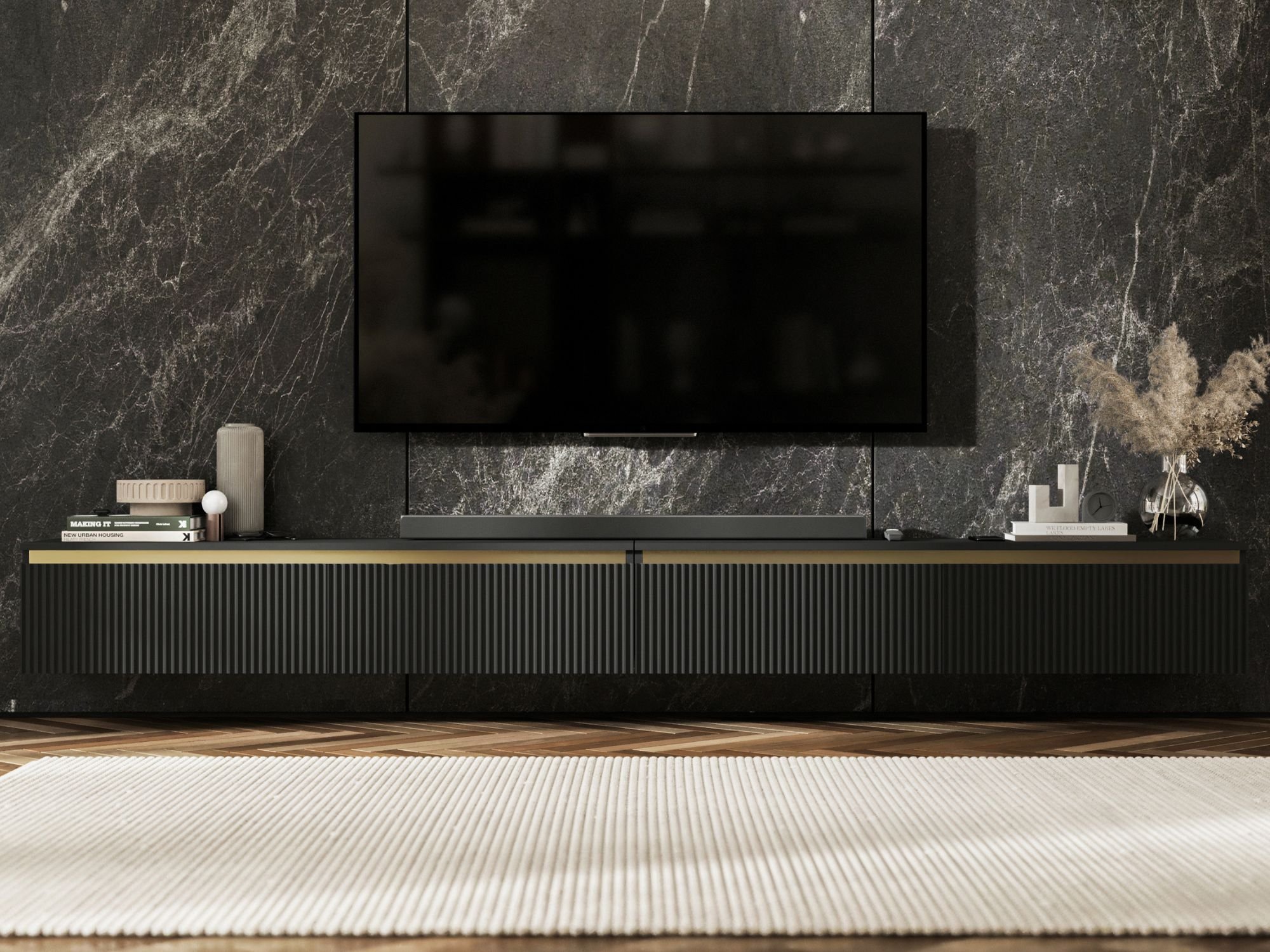 Wisząca szafka RTV Glamour SELENE Czarny Mat 280 cm