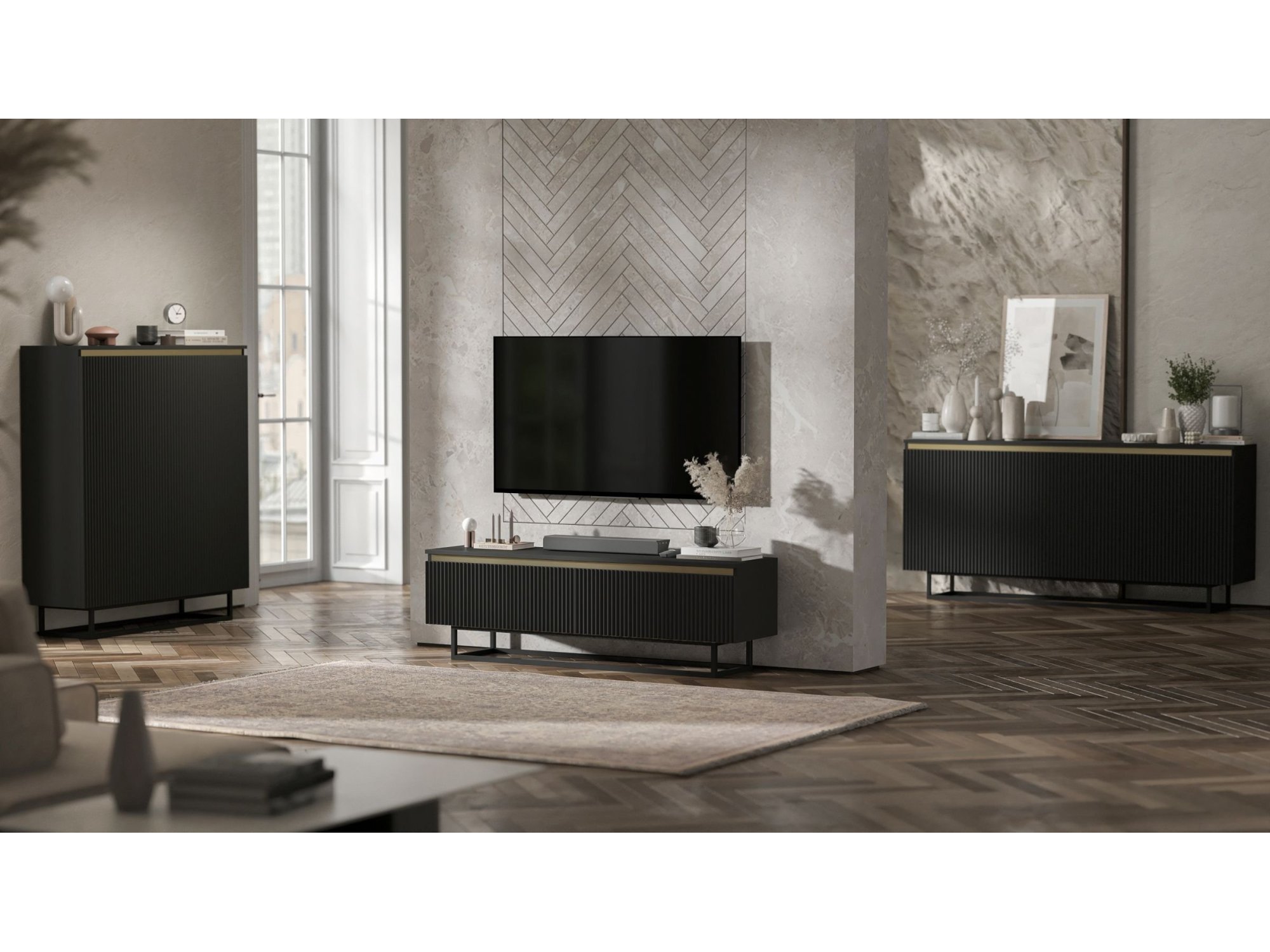 Stojąca szafka RTV Glamour SELENE Czarny Mat 280 cm na czarnej ramie