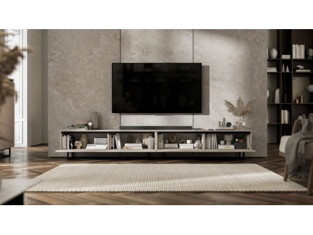 Stojąca szafka RTV Glamour SELENE Kaszmir Mat 280 cm na czarnej ramie