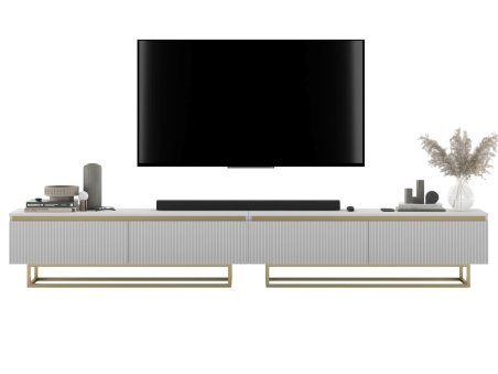 Stojąca szafka RTV Glamour SELENE Biały Mat 280 cm na złotej ramie