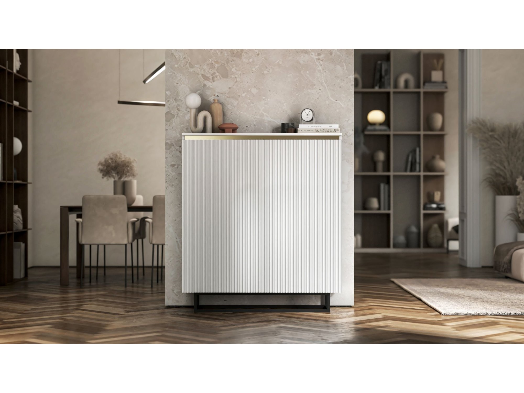 Stojąca komoda Glamour SELENE Biały Mat 111 cm na czarnej ramie