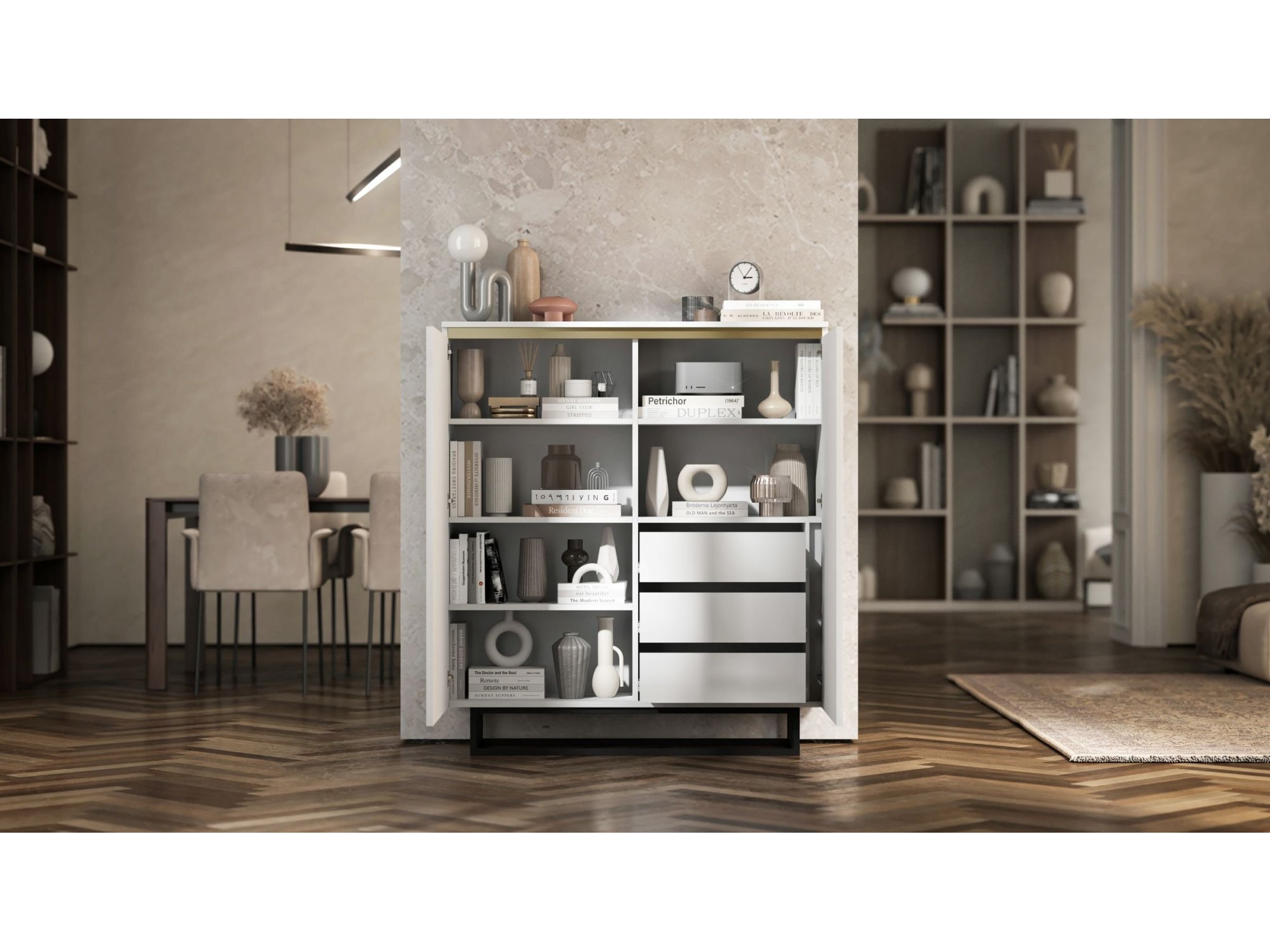 Stojąca komoda Glamour SELENE Biały Mat 111 cm na czarnej ramie