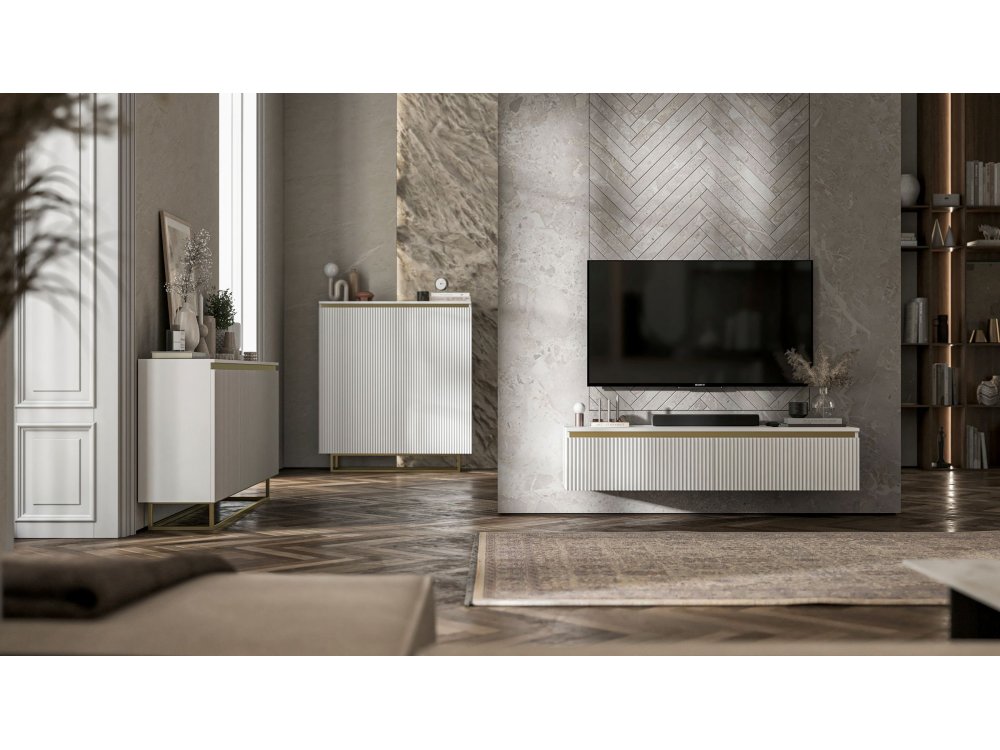 Stojąca komoda Glamour SELENE Biały Mat 111 cm na złotej ramie